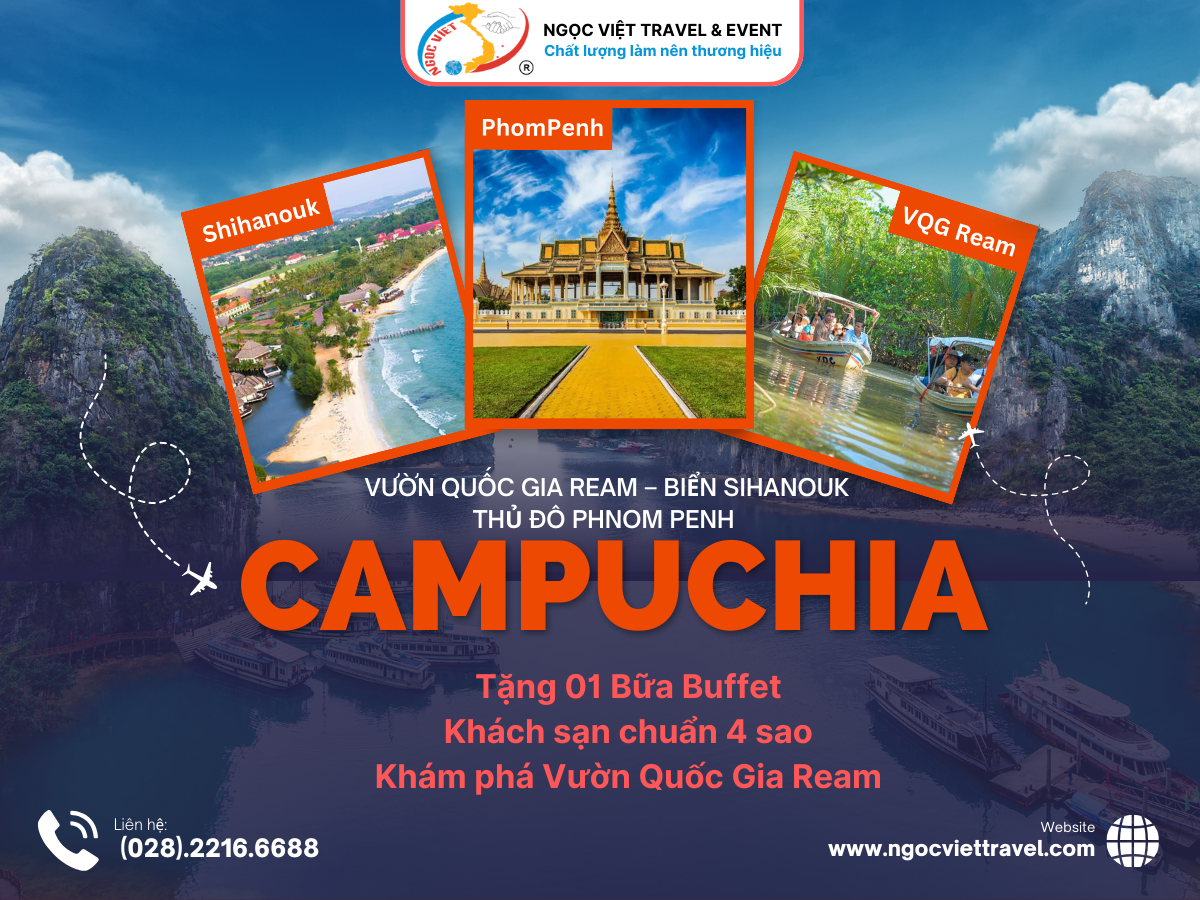 TOUR CAMPUCHIA - BAVET – VƯỜN QUỐC GIA REAM – BIỂN SIHANOUK – PHNOM PENH - HOTEL 4 SAO